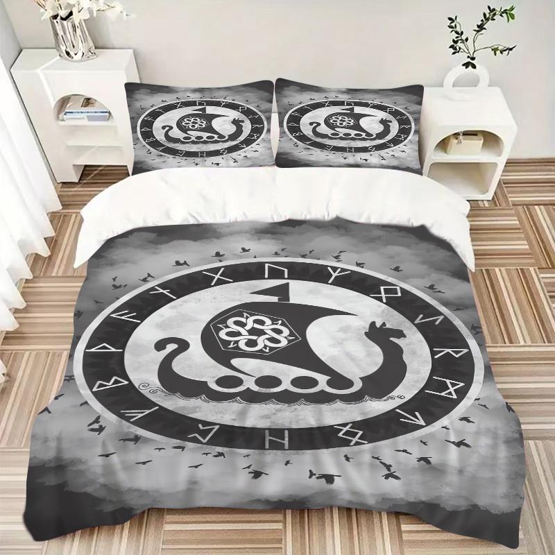 3pcs Viking Raven Bedding Set Soft Polyester Down Comforter Cover and Pillowcases, Suitable for All Seasons, Practical Gifts for the Home 0729092