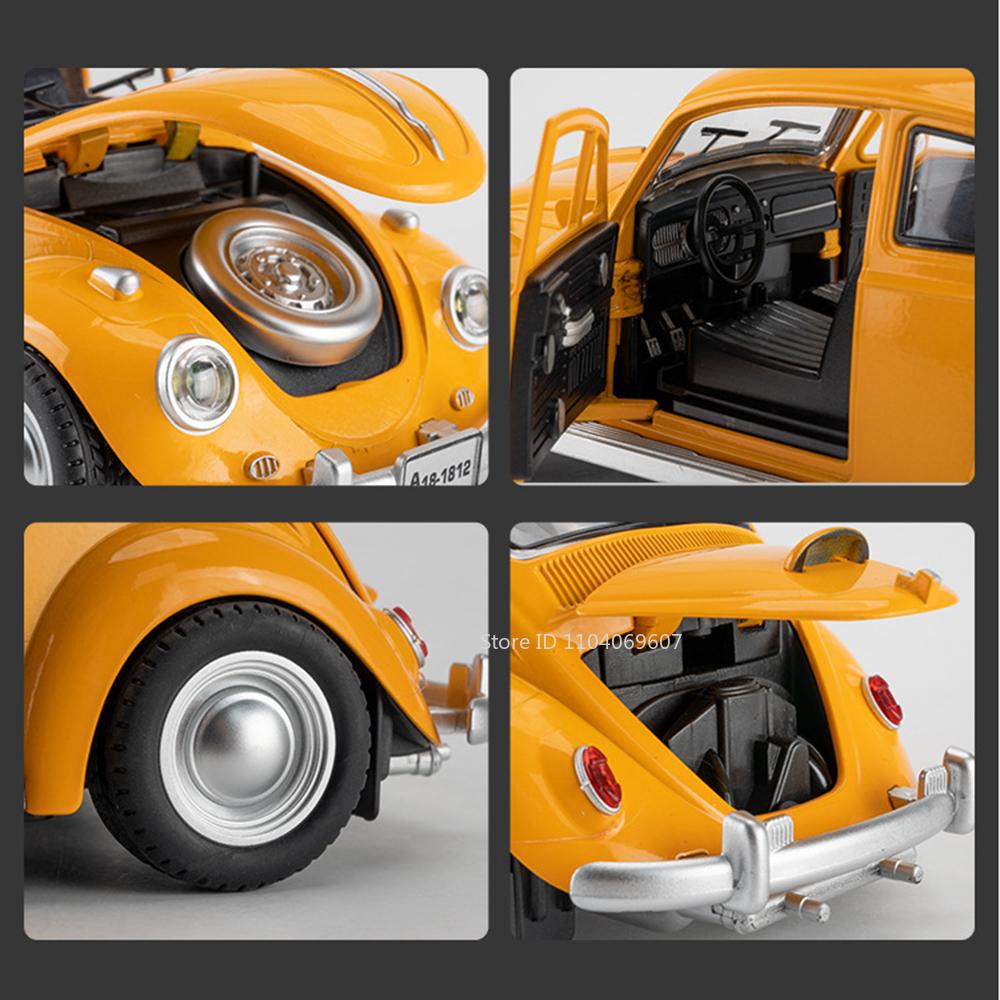 1:18 Mini Beetle 1955 Model Toy Cars Alloy Diecast Pull Back 4 Doors Opened Sound Light Simulation Vehicle Toys for Kids Gifts