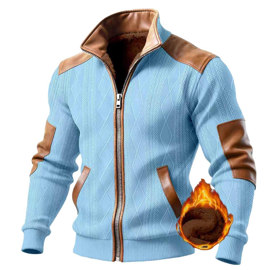 Herren Strickjacke mit durchgehendem Reißverschluss, lässiger Strick, Stehkragen, Slim Fit, Colorblock, Herbst Winter