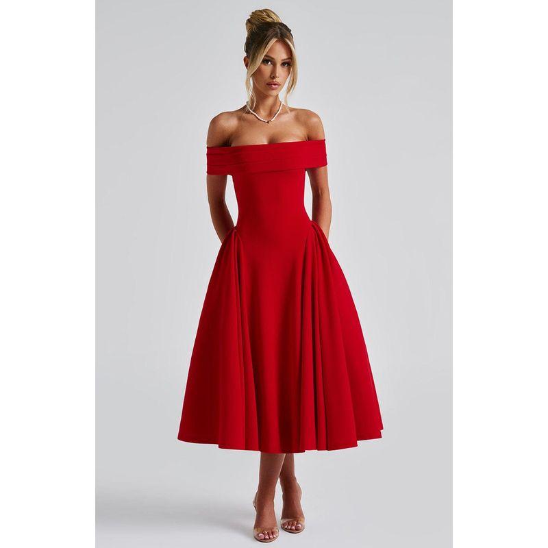 

Western Style Summer New Fashion Sexy off-Neck Backless Temperament Solid Tube Top Dress Women Red S