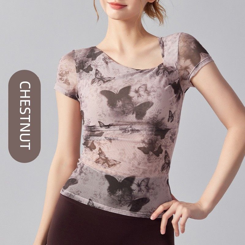 

Butterfly Print Yoga Clothes Short Sleeve One-Piece Chest Pad Mesh Breathable Quick-Drying Slim Fit Sports Fitness Clothes Tops Women CHESTNUT L