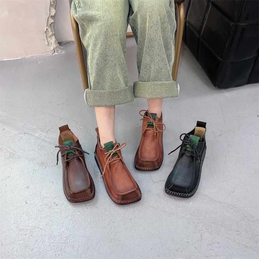 Johnature Square Toe Short Boots Genuine Leather Lace-up Retro Versatile Women Soft Sole Flat Shoes