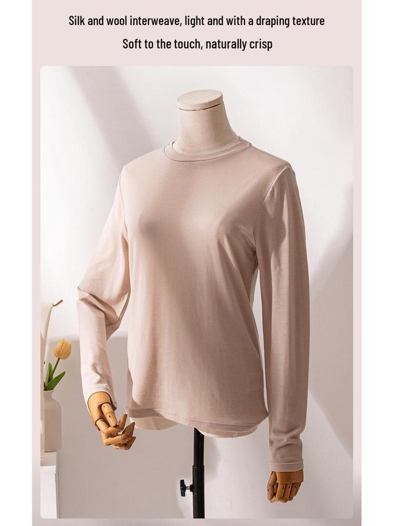 2025 Autumn Slimming Round Neck Silk Wool T-Shirt - Warm, Skin-Friendly, Solid Color