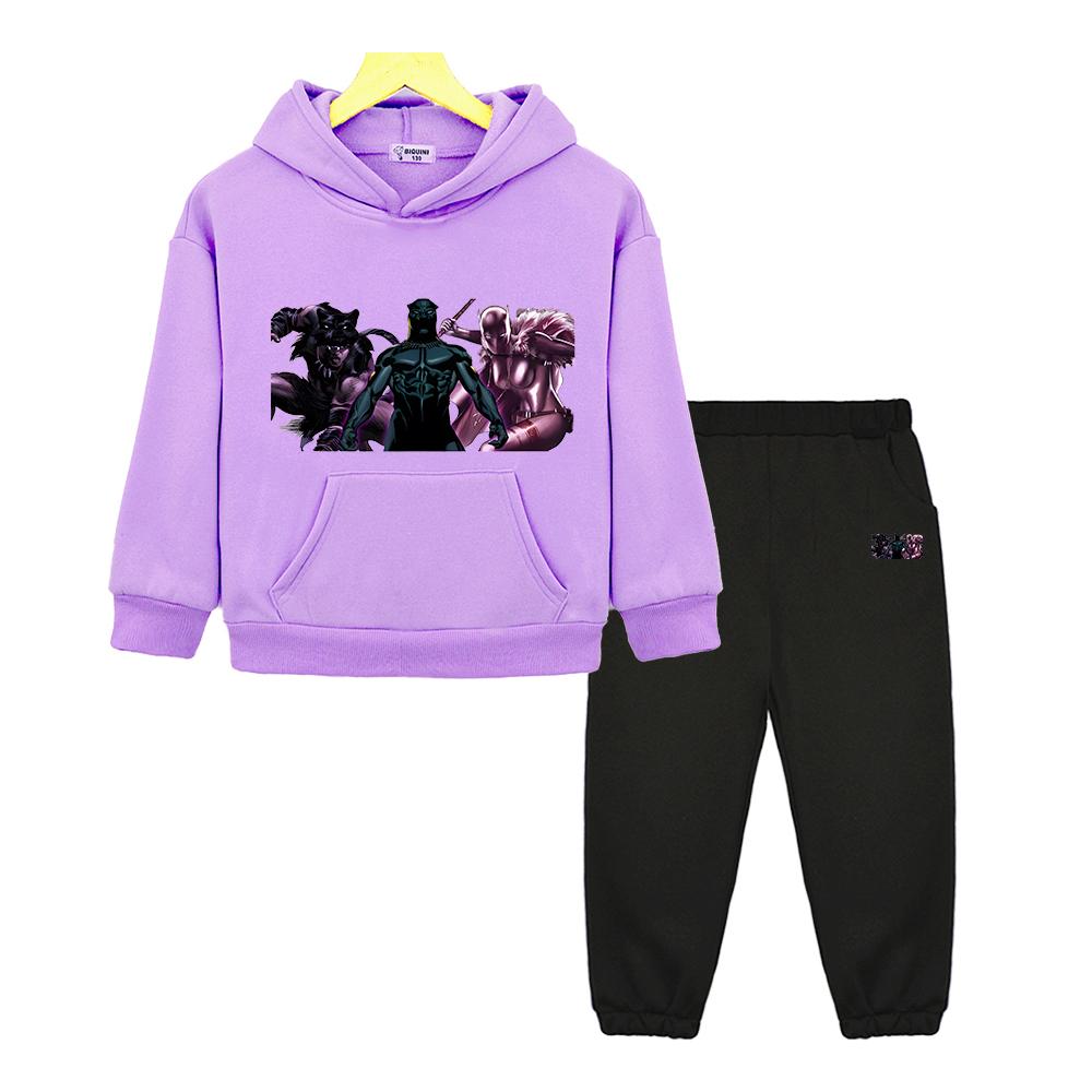 Autumn Black Panther Hoodie Fleece Sweatshirt Kawaii Jacket 2pcs pullover+Pant Boy Girls Hooded Spors Sets Kids Boutique Clothes