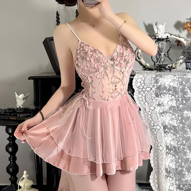 

Large size sexy solid color casual and comfortable suspender skirt with chest pad silky slippery loungewear set pink One size fits all