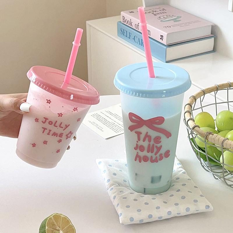 1Pc Ins Portable Reusable Drinking Bottle Kawaii Water Bottle For Coffee Juice Milk Tea Cute Plastic Cold Cups With Straw Lid