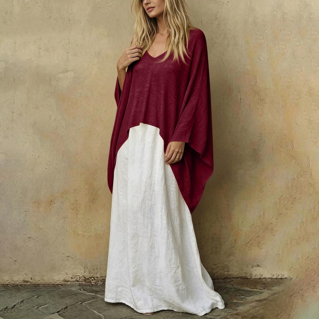 Women's Color V-Neck Long Sleeve Cape Top and Loose Fit Dress Two-Piece Set