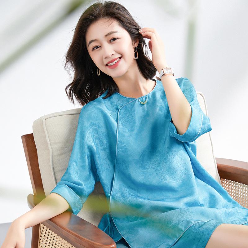 Women's High-End Chinese Style 100% Pure Mulberry Silk Ribbed Jacquard Top & Pants Set