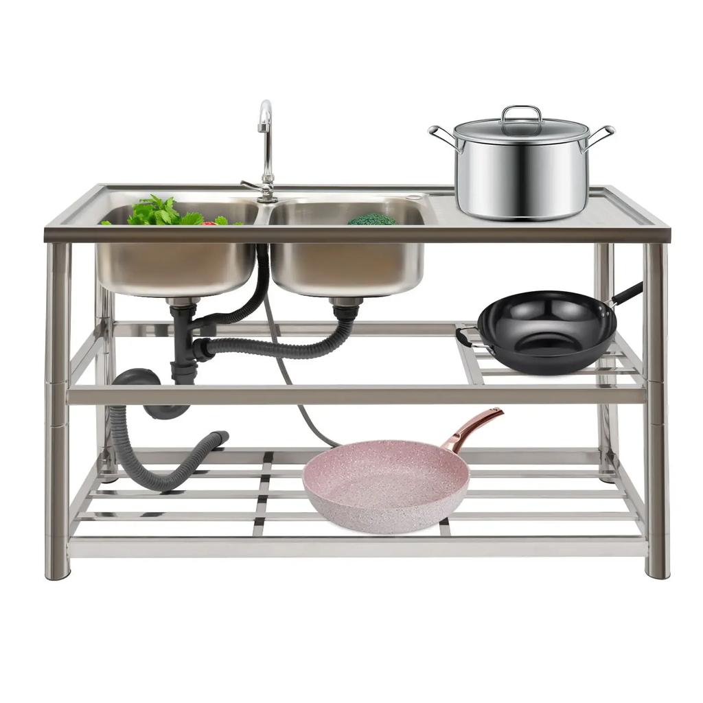 Stainless Steel Kitchen Sink,2 Basins,3-Layer Freestanding Sink,Stainless Steel Kitchen Sink with Faucet,Commercial Kitchen Sink