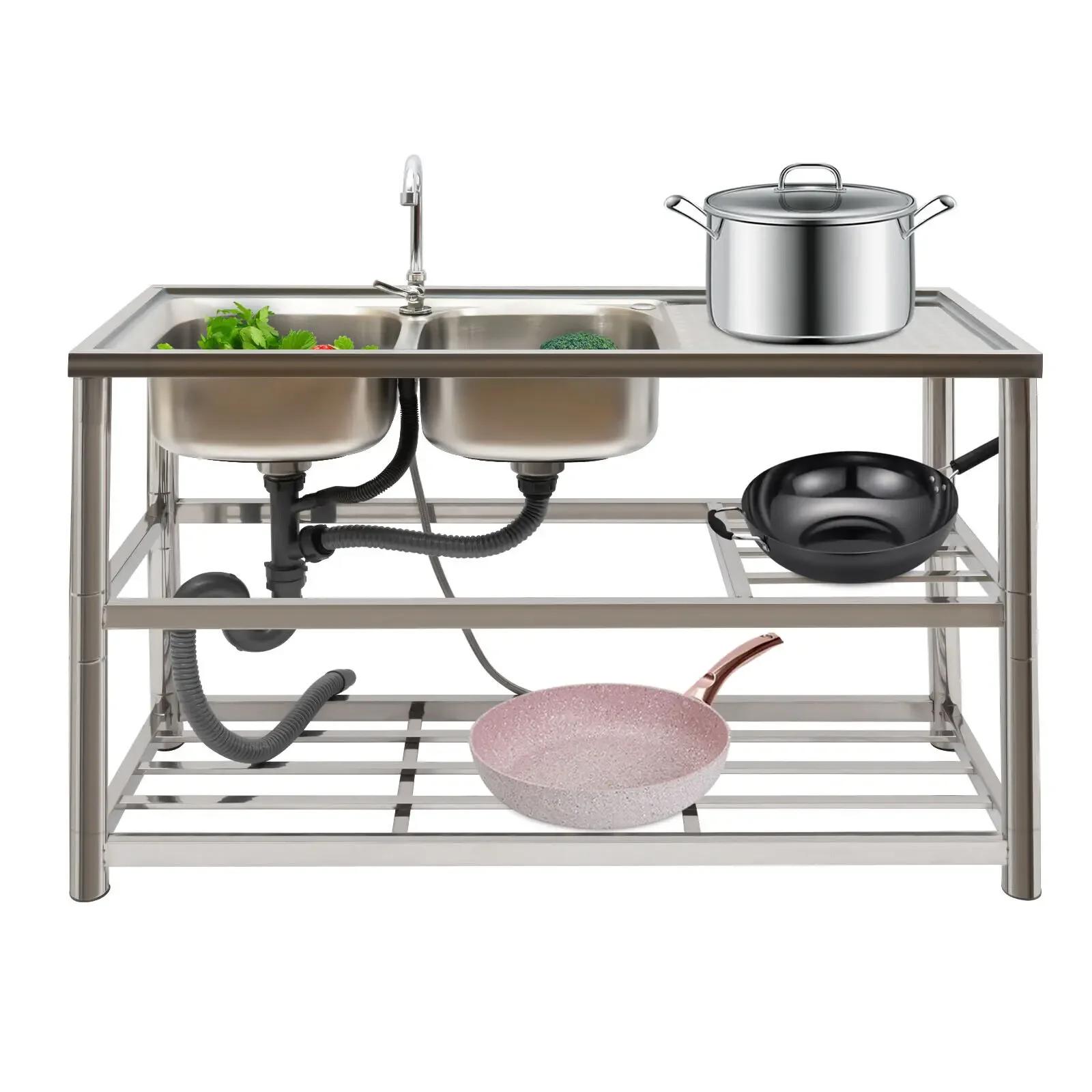 

Stainless Steel Kitchen Sink,2 Basins,3-Layer Freestanding Sink,Stainless Steel Kitchen Sink with Faucet,Commercial Kitchen Sink срібний