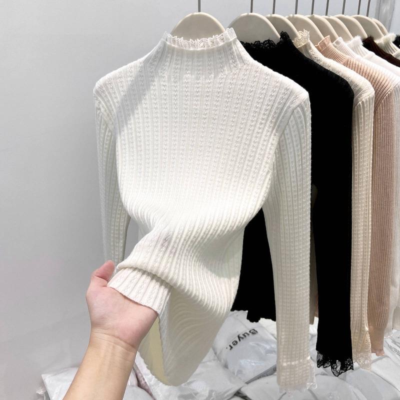 Весенний вязаный свитер с кружевной вставкой и полувысоким воротником, женский, с чувством дизайна, облегающий, базовый, милый свитер S