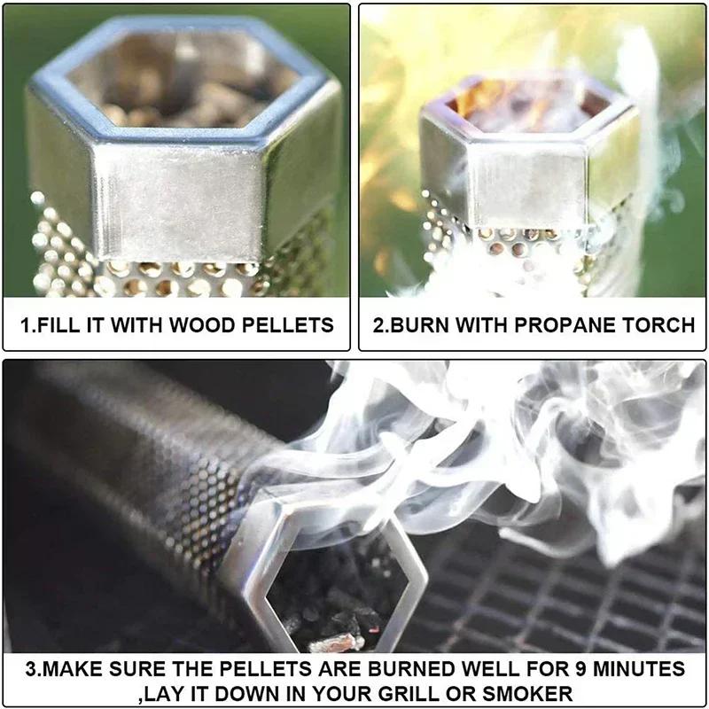 BBQ Stainless Steel Smoker Grill Tube Perforated Mesh Filter Gadget Pellet Smoking Generator Hexagon Spice Smoked Box