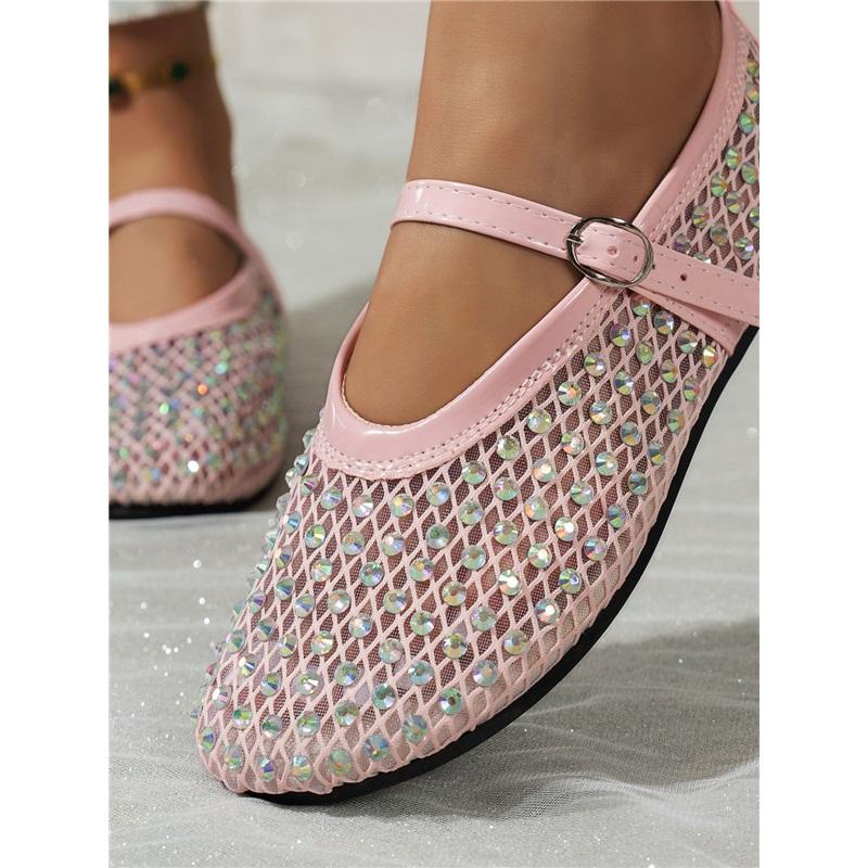 Women's Fashion Flat Shoes, Summer New Mesh Rhinestone Mary Jane Shoes, One Buckle Casual Flats