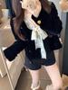Women's Slim Fit V-Neck T-Shirt with French Lace and Bow Tie Straps - Autumn/Winter Two-Piece Style Top