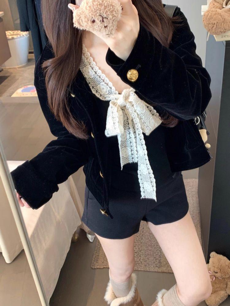 Women's Slim Fit V-Neck T-Shirt with French Lace and Bow Tie Straps - Autumn/Winter Two-Piece Style Top