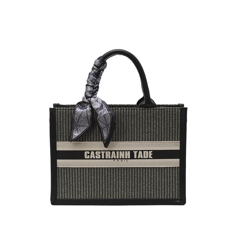

Premium contrasting color straw woven tote bag women s summer new large-capacity printed letter shoulder bag