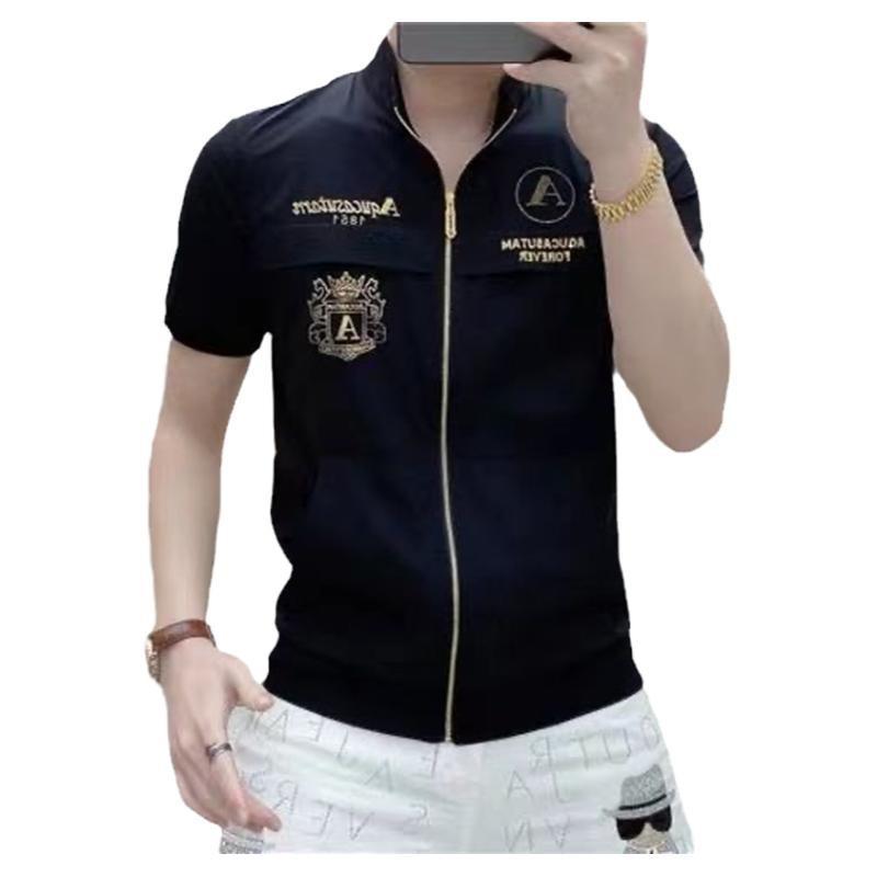 Summer Men's Fashion Printed Light Breathable Stand Collar Short Sleeve Cardigan