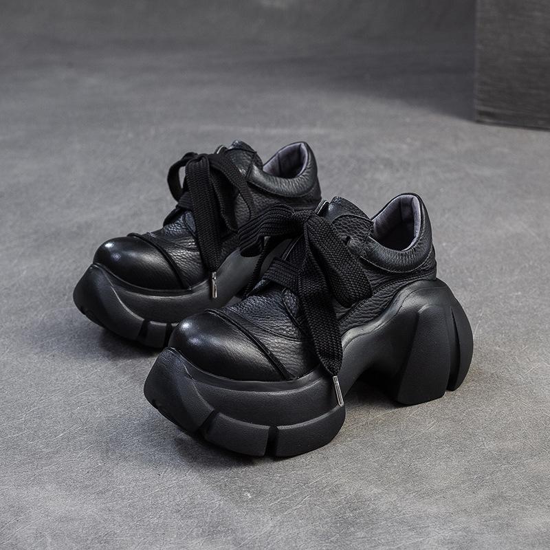 Fashion GKTINOO Genuine Leather Thick Sole Height Increasing Lace Up Pumps 2025 Spring New Casual Versatile Women's Platform Shoes