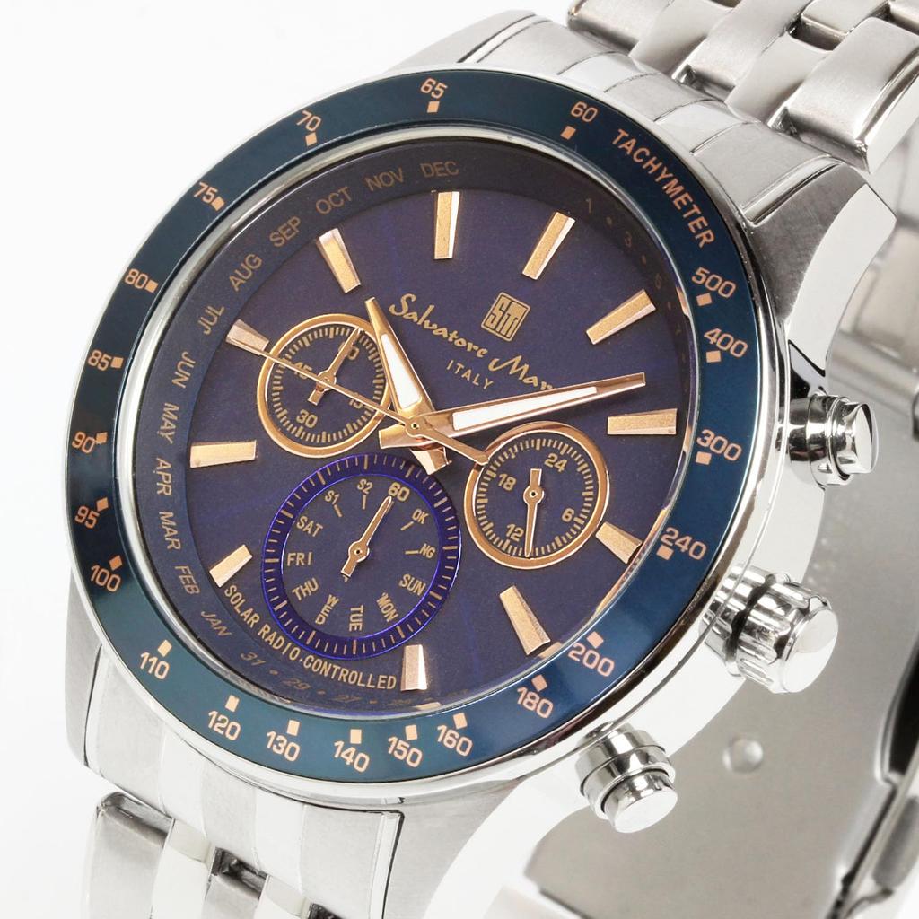 Salvatore Marra Solar Chronograph Limited Italian Blue and Pink Men's Radio-Controlled Watch, Edition, Brand, Gold, SM14117-SSBLPG