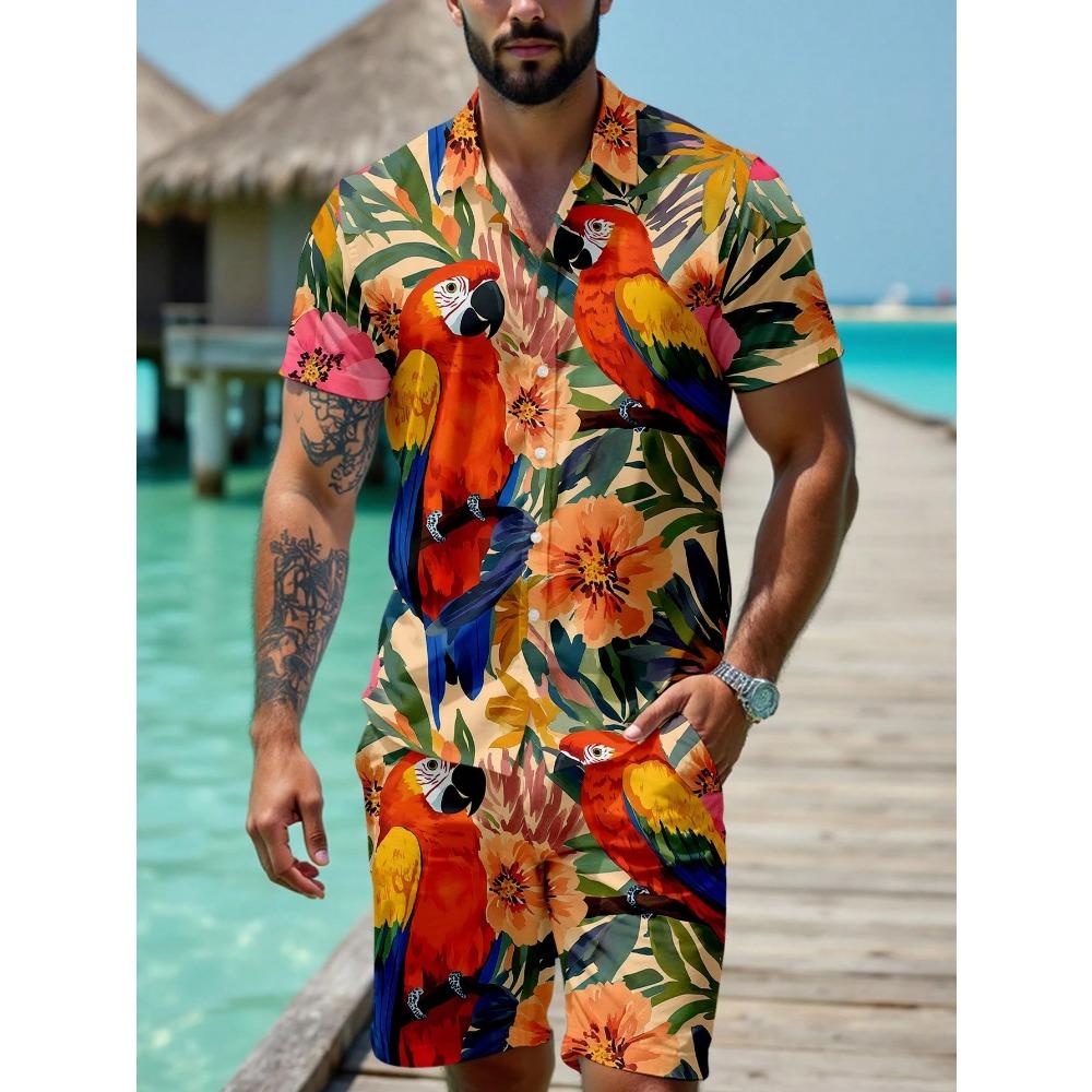 Ananas Blumenprint Hawaiianisches Herrenhemd und Shorts Zweiteiliges Set Lässiges Urlaubs-Herrenhemd-Set Kurzarm Hemd mit Knöpfen