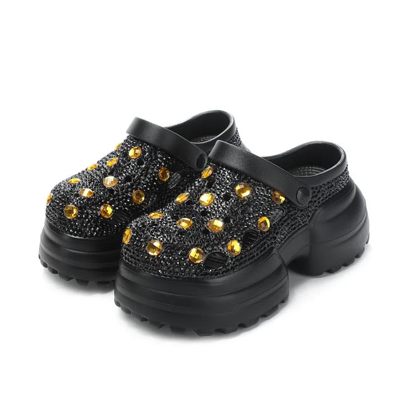 Fashion New Handmade Inlaid Pearl Thick Sole Middle Heel EVA Sandals  White Black Fashionable Women's Pearl Hollowed Out Beach Slippers