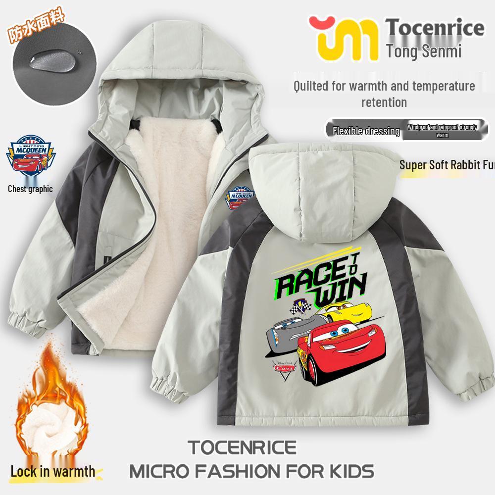 Zimowa Kurtka Chłopięca Błyskawica McQueen, Ciepła Pikowana Kurtka Zewnętrzna z Kapturem i Podszewką z Pluszu.