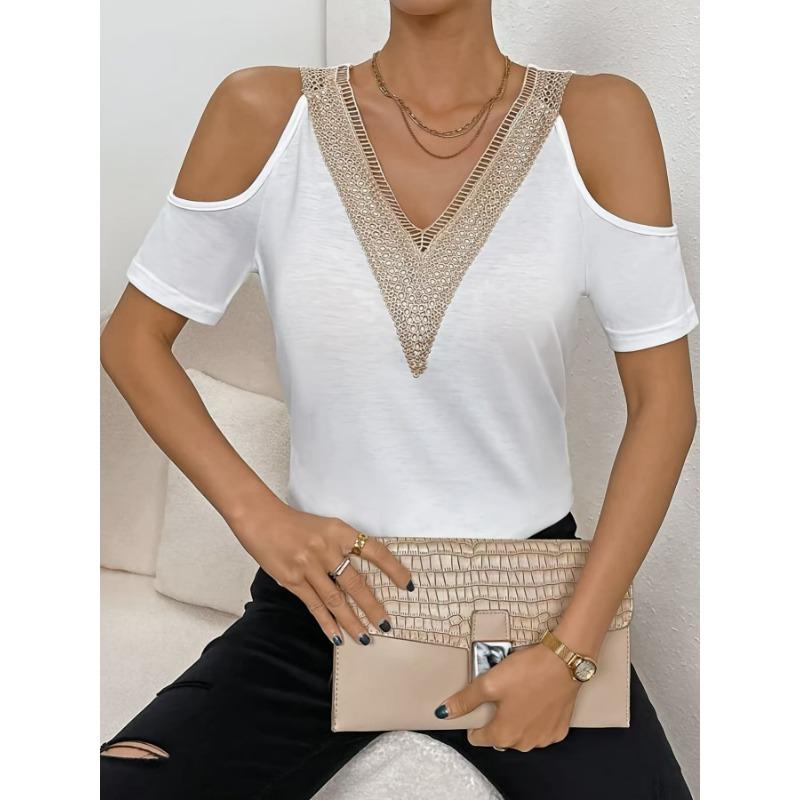 Women's Cold Shoulder Top Short Sleeve Contrast Lace V-Neck Casual Tee