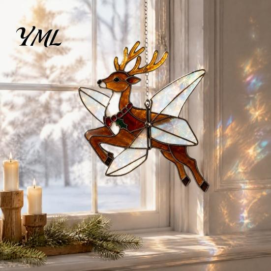 Christmas Tree Decor Snowman/Santa Claus/Deer Suncatcher, Stained Glass Style Pendant with Hanging Acrylic Chain, 2D Flat Ornament for Garden