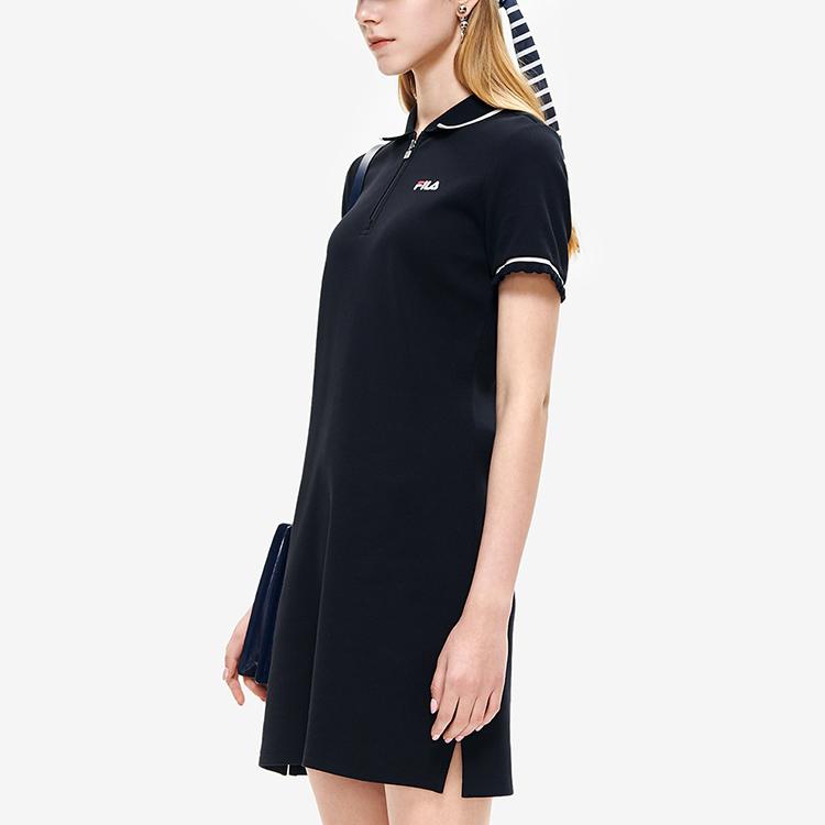 Fila Solid Color Casual Sports Polo Dress Women Dresses Black F11W228301FBK