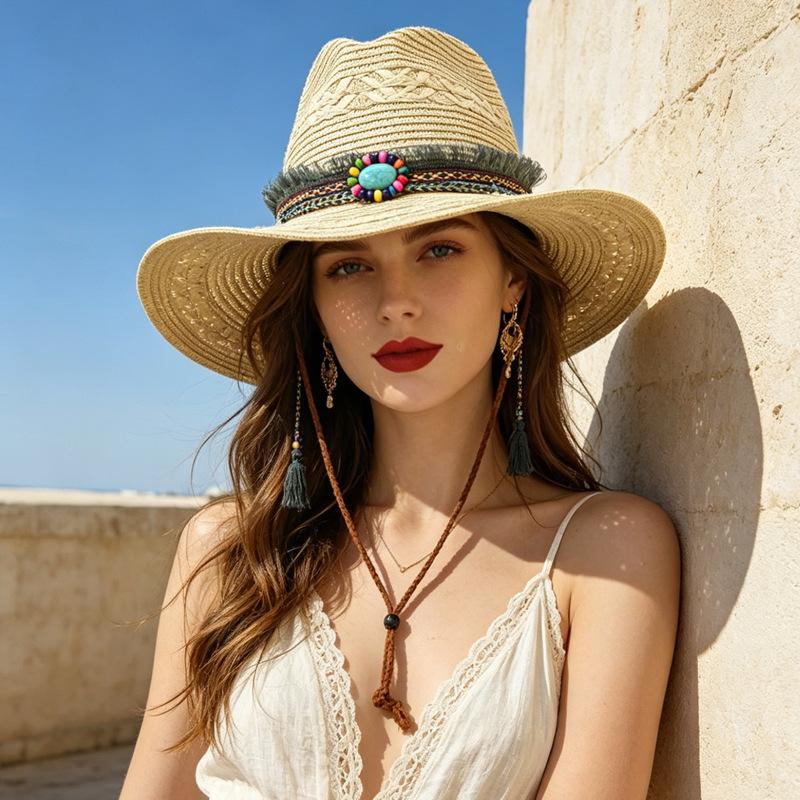 Summer Western Cowboy Hat Women's Seaside Beach Straw Sunscreen Hat British Style Panama Jazz Hat