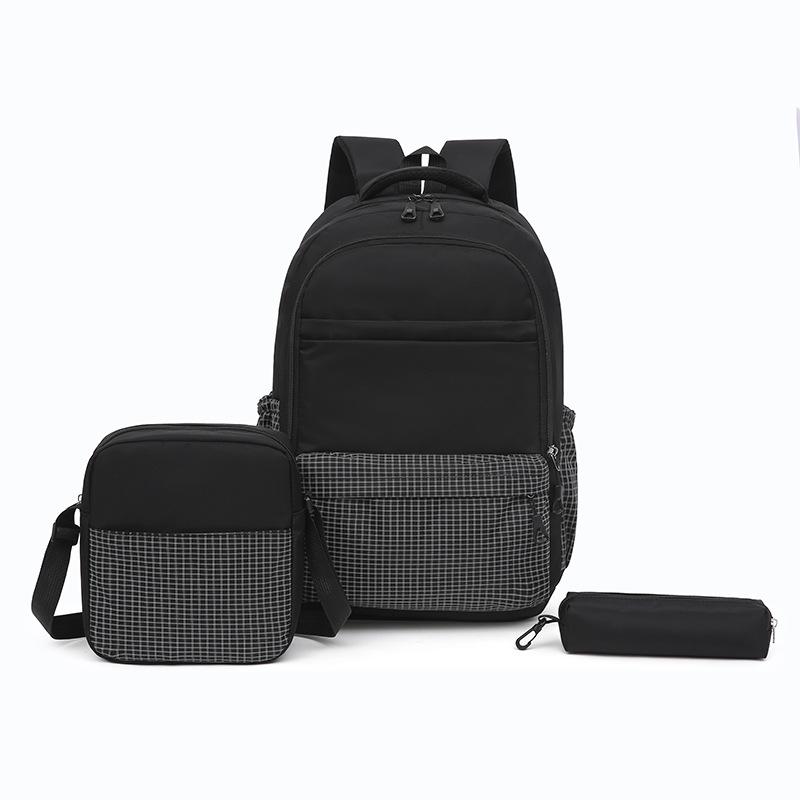 Unisex Plaid Nylon Backpack Set with Shoulder Bag and Pencil Case School Bag
