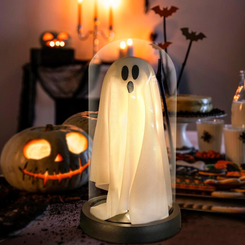 Halloween Decorations Indoor, Lighted Ghost in Glass Dome Cloche, Cute Spooky Halloween Ghost Decor for Tabletop Mantel Display