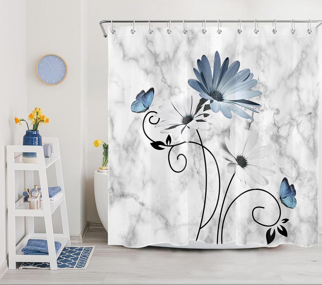 Pink Flowers Vintage Daisy Floral Butterfly Shower Curtains Abstract Farmhouse Decorative Bath Curtain Washable Bathroom Decor