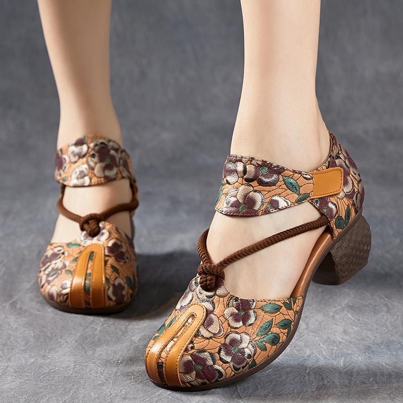 Moda GKTINOO 2025 Nowe Damskie Sandały Lato Skóra Naturalna Nadruk Grube Obcasy Sandały Styl Retro Okrągły Nosek Casual Wysokie Obcasy Buty