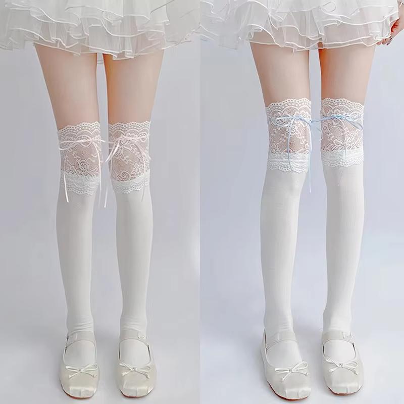Girls Lolita Velvet Stockings White Knee Length Stockings Lace Splicing High Tube Sock Ribbon Bowknot Long Socks Women Footwear