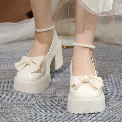 2024 Modeschuhe für Damen One Kick Damenpumps Herbst Mary Jane Runde Zehen Fliege Solide Plateau Chunky Heels Flache Schuhe