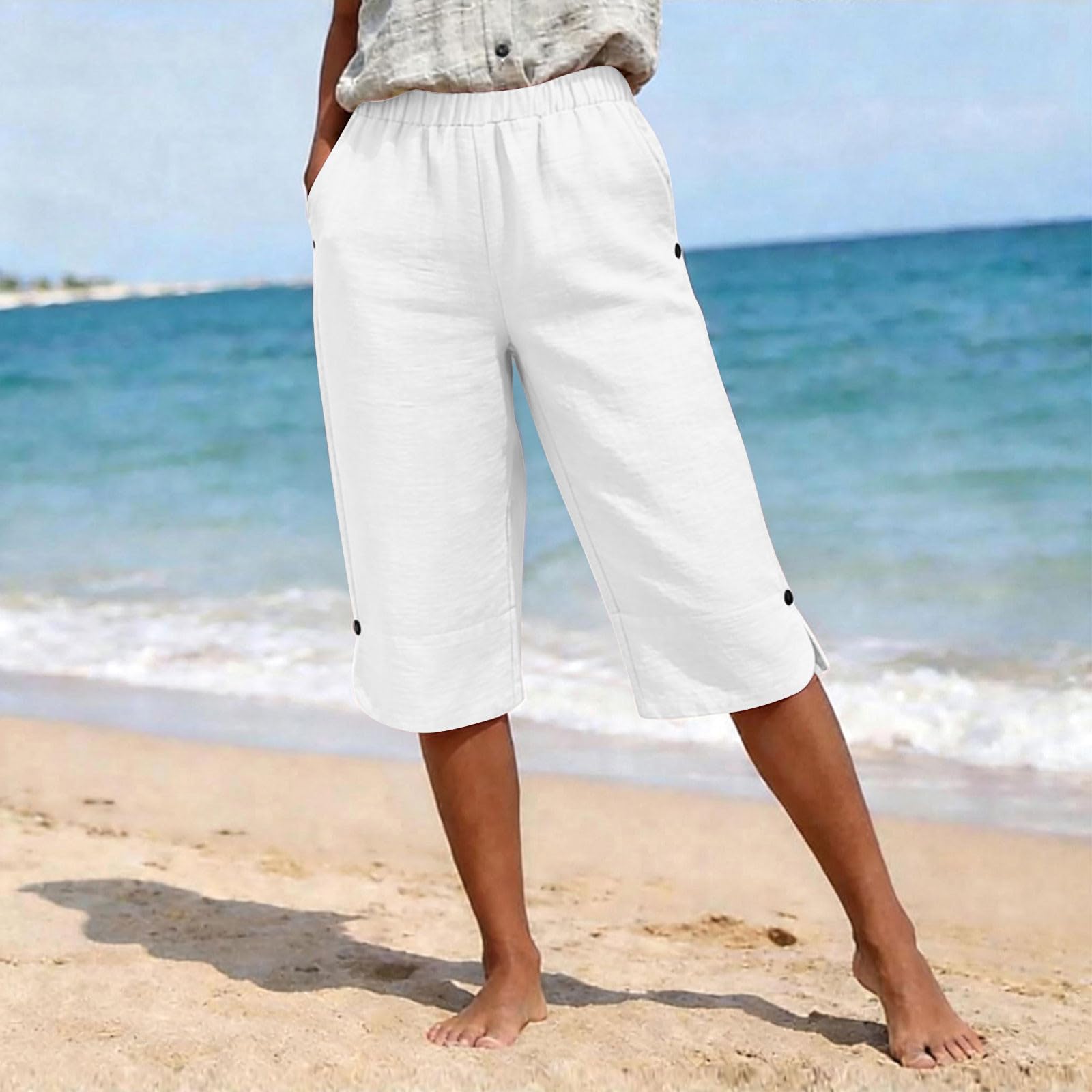 

Women Elastic High Waist Pant Casual Fit Wide Leg Long Pants Trousers With Pockets XL білий