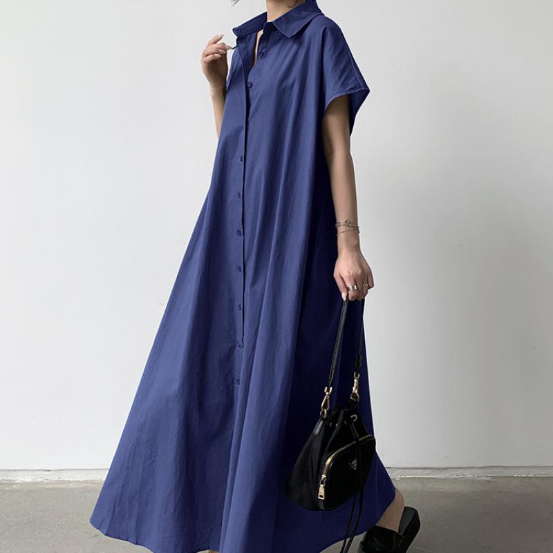 Japanese Lotte Korean Skirt Pullover Short-sleeved Cotton and Linen Dress Women's Loose Lapel Fashion Casual Shirt