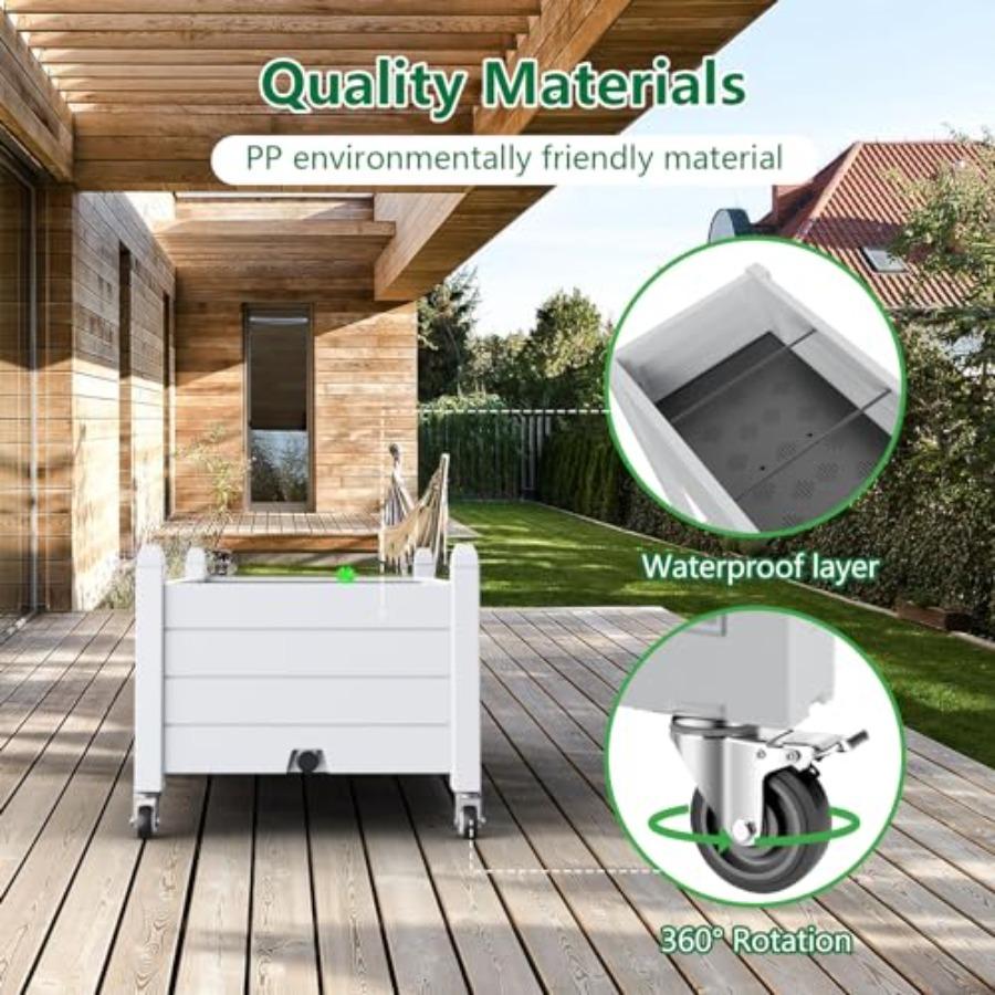 Raised Garden Bed with Wheels Outdoor Resin Weatherproof Planter Box with Drain Hole and Water Level Detector for Planting Plan