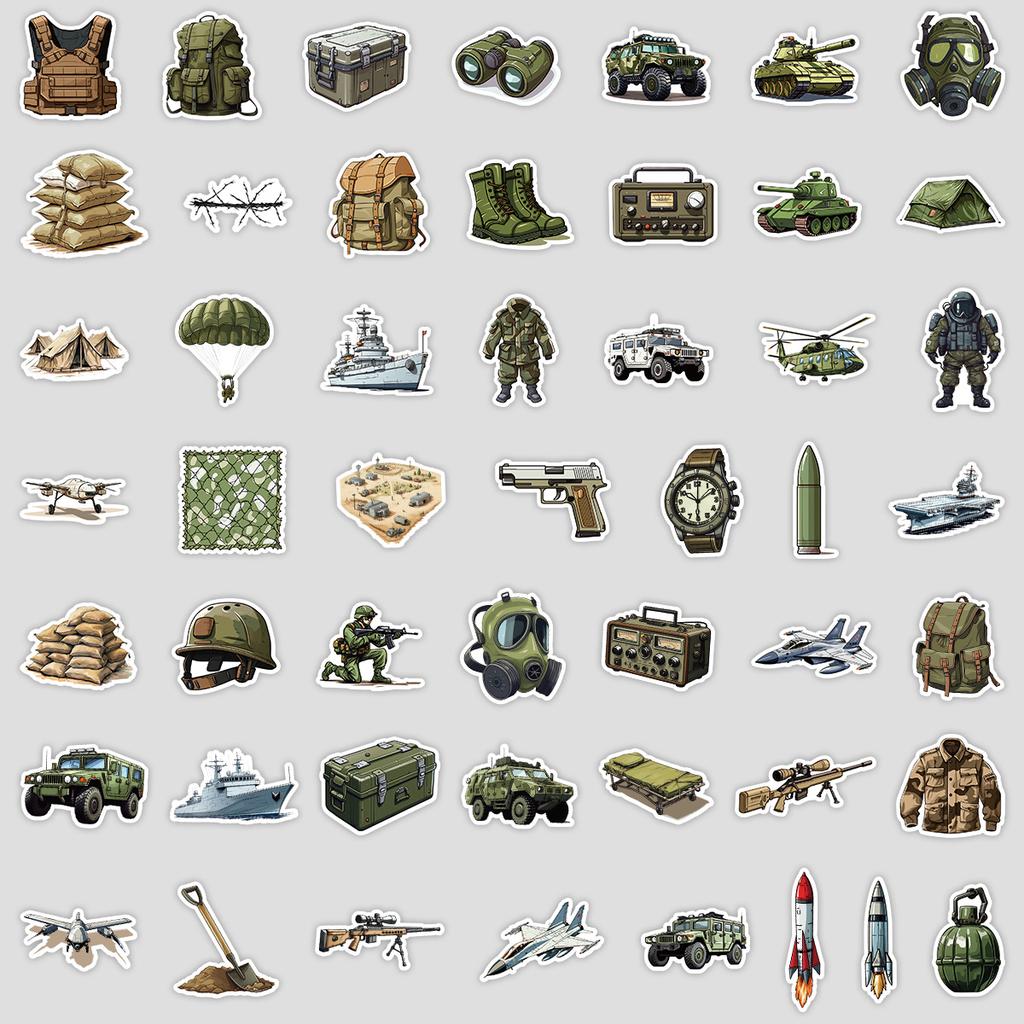 50 Cartoon Military Equipment Graffiti Stickers Mobile Phone Computer Waterproof Decorative Stickers Creative Stationery Stickers