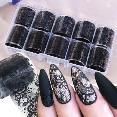 10 rolos/caixa branco preto renda nail art foils conjunto de transferência de unha adesivo papel diy manicure decoração de unhas acessórios