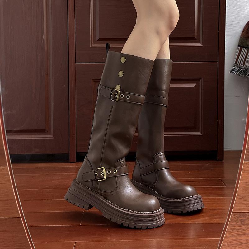 Cowhide version~ Leather platform Maillard medium tube short boots women's 2025 new British style retro brown Martin boots