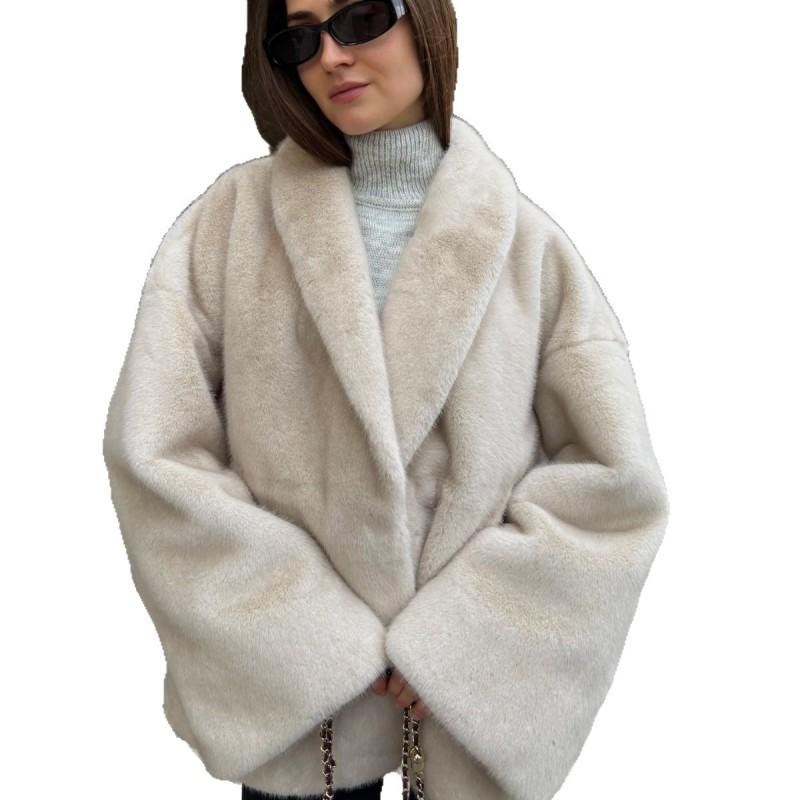 Womens Faux Fur Coat With Shawl Collar Drawstring Waist Street Style Thick Warm Winter Jacket