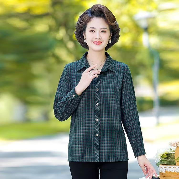 New Long-Sleeve Cotton Plaid Shirt for Women Aged 50-60