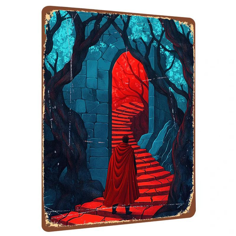 

Vintage Handpainted Fantasy Red Gate Staircase Iron Painting Home Wall Decor for Living Room Entrance 20x30cm（7.8x11.8inch）