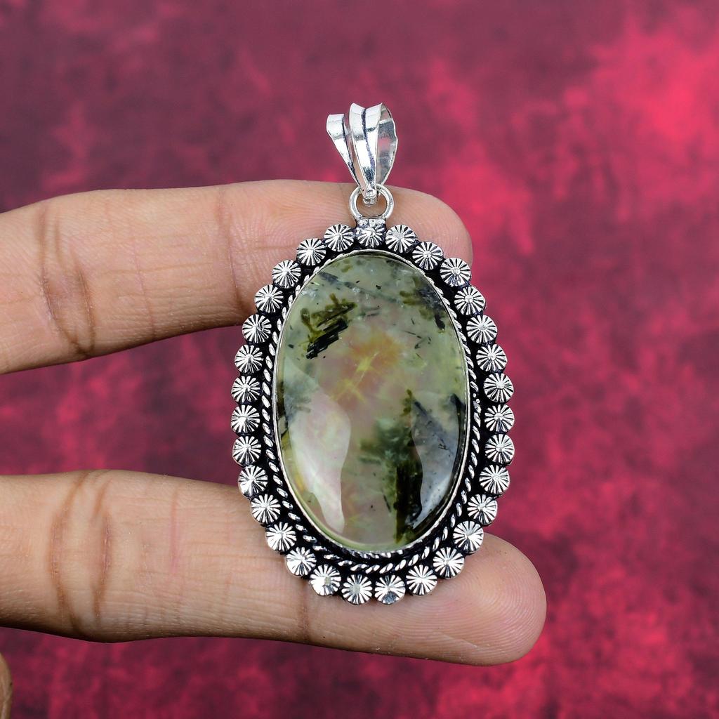 Bijuterii Pandantiv Piatră Prehnit, Bijuterii de Designer Handmade din Argint Sterling Solid 925, Bijuterii Naturale pentru Cadou de Ziua Recunoștinței