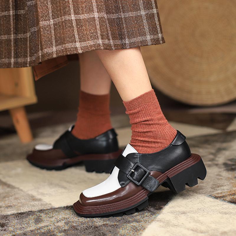 Fashion Mixed Colors Women Shoes 2025 New Genuine Leather Shoes Woman Heels Working Thick Botton Square Toe Women Shoes Shoes for Women
