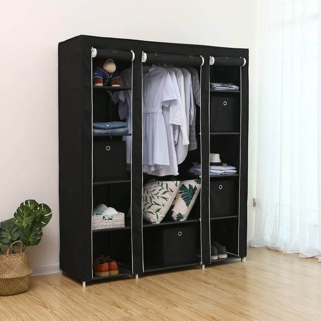 SONGMICS Portable Wardrobe, Foldable Closet, Clothes Storage Organiser with Hanging Rail, Shelves, Fabric Cover, for Bedroom, Cloakroom