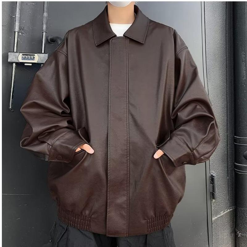 Men's Trendy PU Leather Motorcycle Jacket – Spring/Autumn, High-End Look, Handsome Casual Loose Fit, Lapel Design.