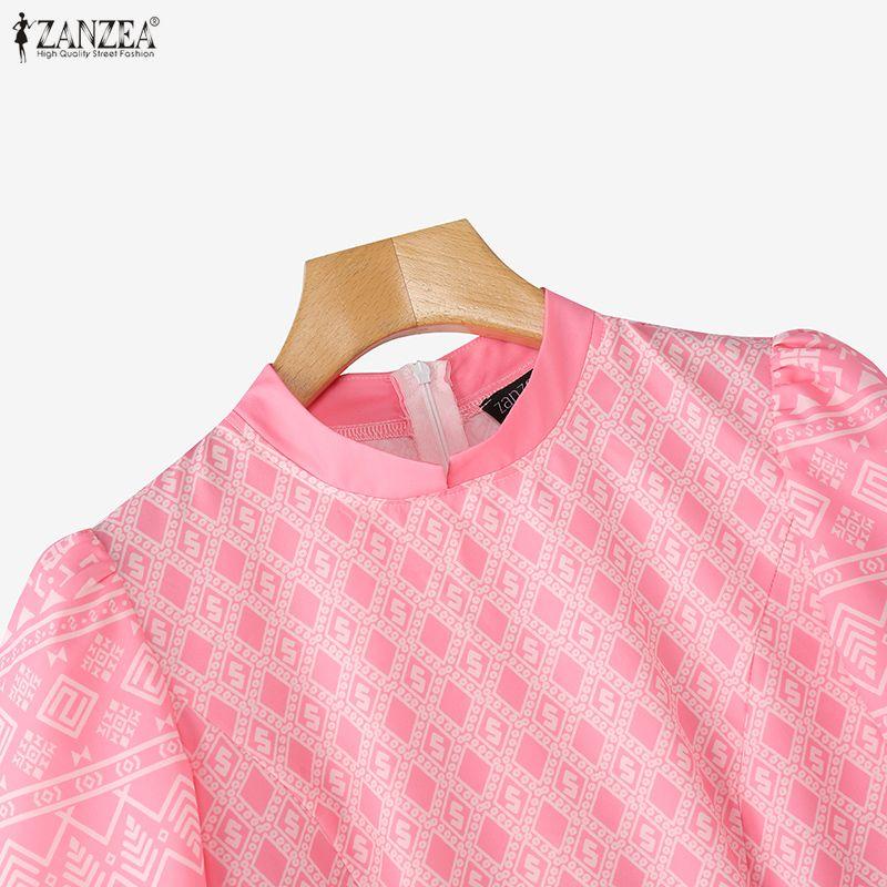 ZANZEA Women Casual Stand Collar Loose Half Sleeve Print Blouse